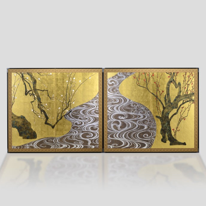Folding Screen – Red & White Plum Blossoms (Pair)