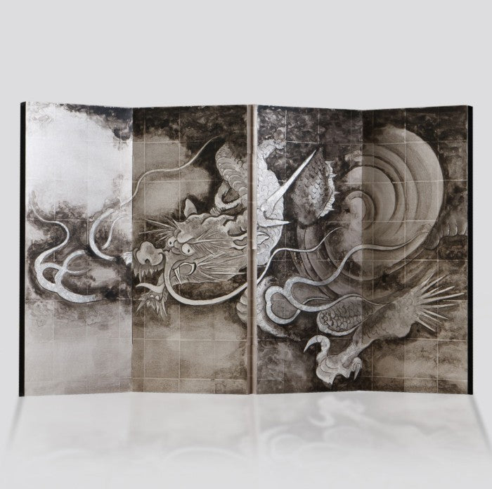 Folding Screen – Dragon in Clouds (Silver Ink, Four-Panel Screen)