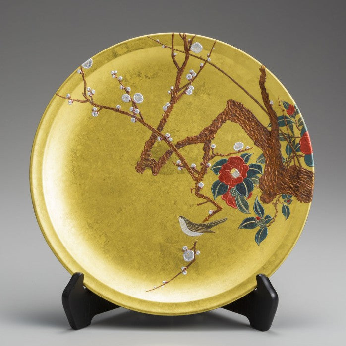 Decorative Art Plate – Plum, Camellia & Bush Warbler (Gold Leaf)