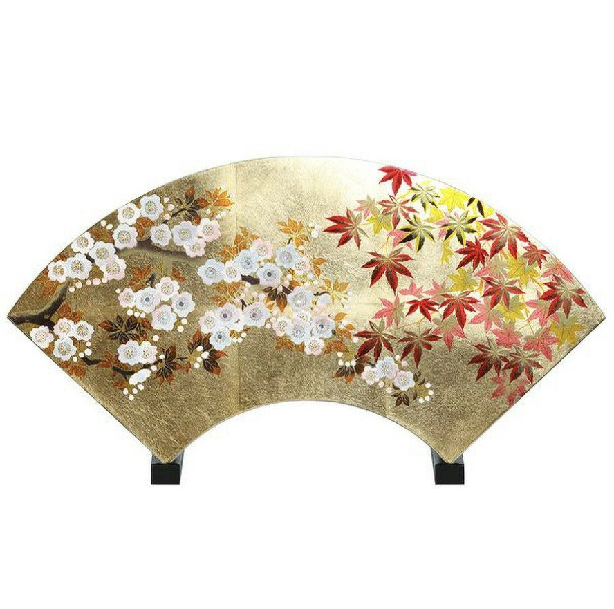 Fan-Shaped Maki-e Lacquer Art Panel | Sakura & Maple