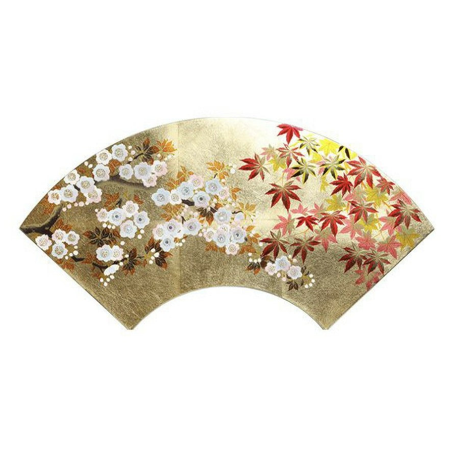 Fan-Shaped Maki-e Lacquer Art Panel | Sakura & Maple