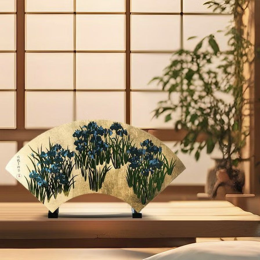 Fan-Shaped Maki-e Lacquer Art Panel | Kakitsubata (Japanese Iris)