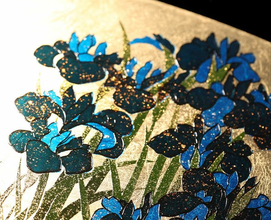 Fan-Shaped Maki-e Lacquer Art Panel | Kakitsubata (Japanese Iris)