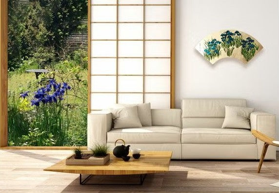 Fan-Shaped Maki-e Lacquer Art Panel | Kakitsubata (Japanese Iris)