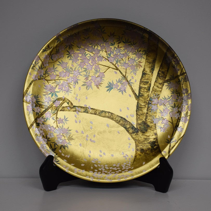 Decorative Art Plate – Night Sakura (Taikan Style, Gold Leaf)