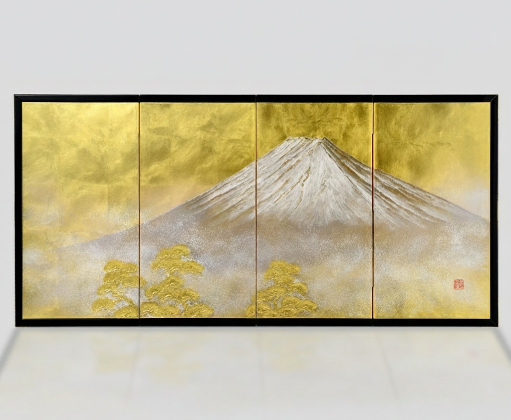 Folding Screen – Mount Fuji (Gold, Four-Panel, Compact)