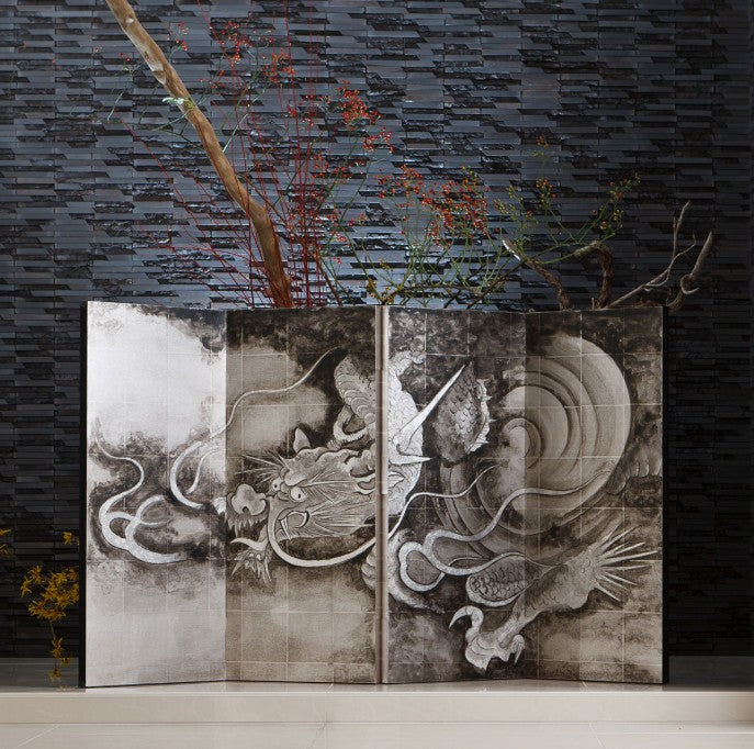 Folding Screen – Dragon in Clouds (Silver Ink, Four-Panel Screen)