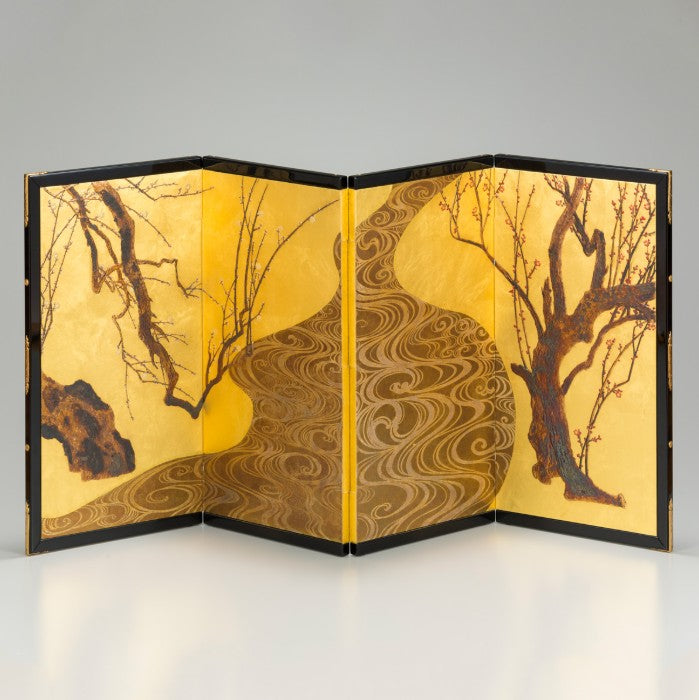 Folding Screen – Red and White Plum Blossoms (Four-Panel, Compact)