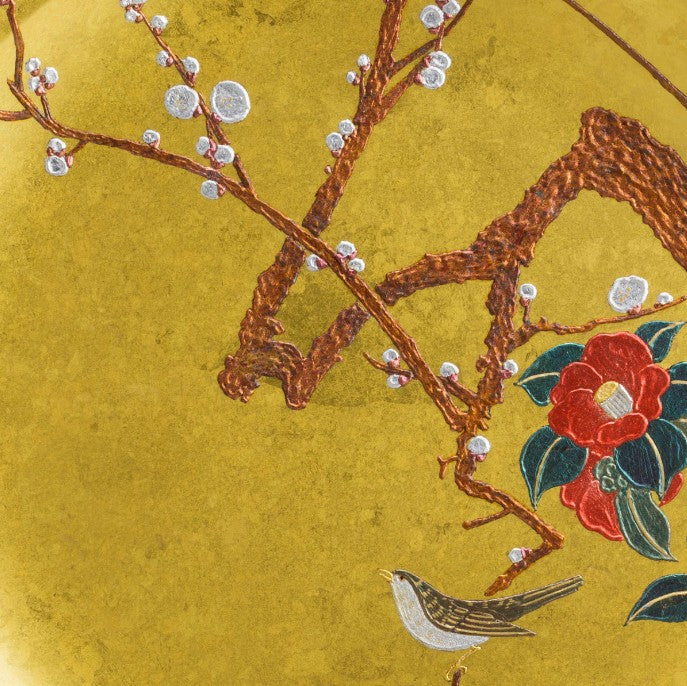 Decorative Art Plate – Plum, Camellia & Bush Warbler (Gold Leaf)