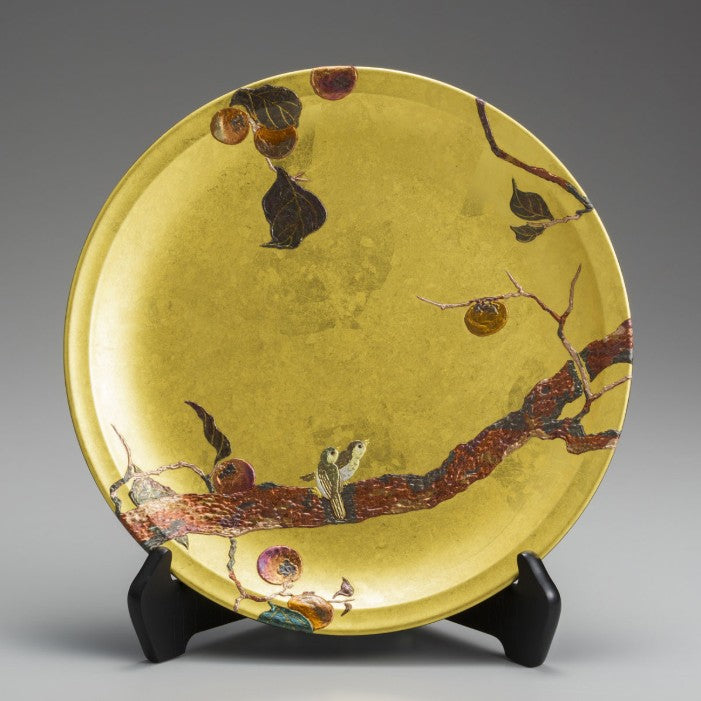 Decorative Art Plate – Persimmon & Japanese White-eye (Gold Leaf)