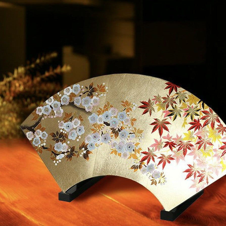 Fan-Shaped Maki-e Lacquer Art Panel | Sakura & Maple