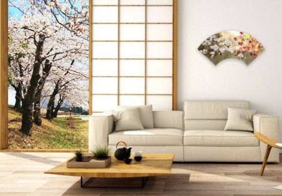 Fan-Shaped Maki-e Lacquer Art Panel | Sakura & Maple