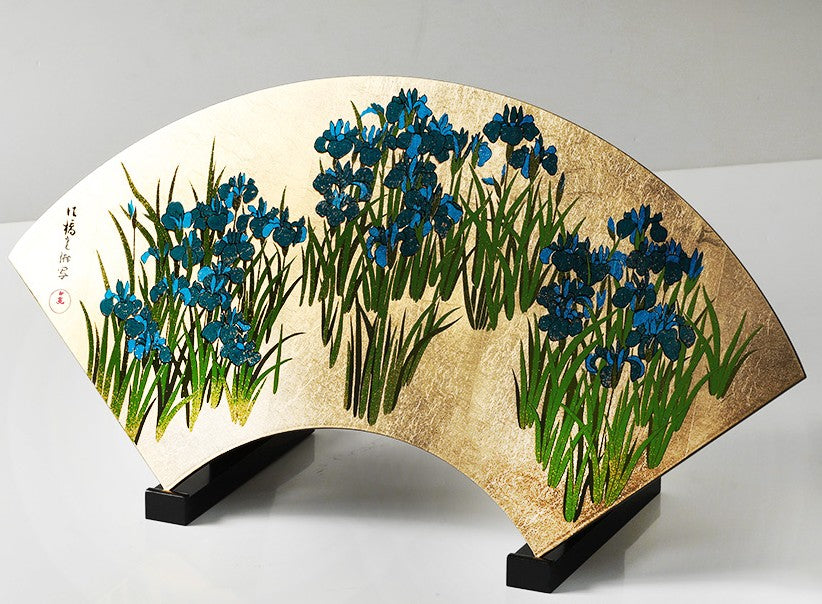 Fan-Shaped Maki-e Lacquer Art Panel | Kakitsubata (Japanese Iris)