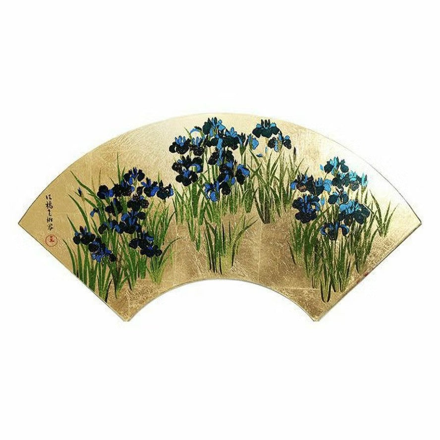 Fan-Shaped Maki-e Lacquer Art Panel | Kakitsubata (Japanese Iris)