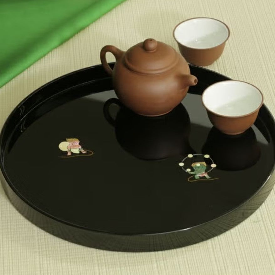 Fujin and Raijin Raden Round Tray (Black)
